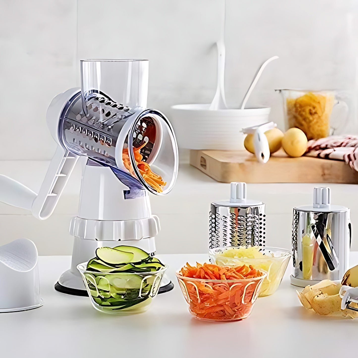 Manual Rotary Cheese Grater -Round Mandoline Slicer with 3 Interchangeable Blades -Vegetable Slicer Nuts Grinder Cheese Shredder with Free 3-in-1